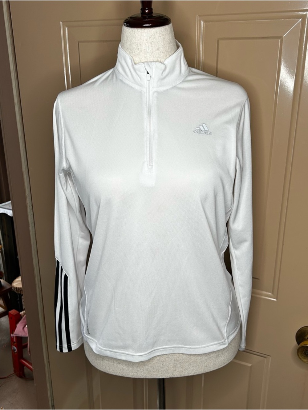 adidas White Quarter-Zip Pullover with Black Sleeve Stripes